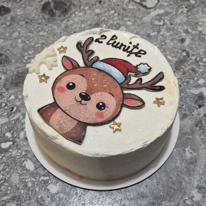 Bento cake alb sidefat cu desen de ren drăguț de Crăciun, stele aurii și fulg de nea, realizat de Emys Cakes.