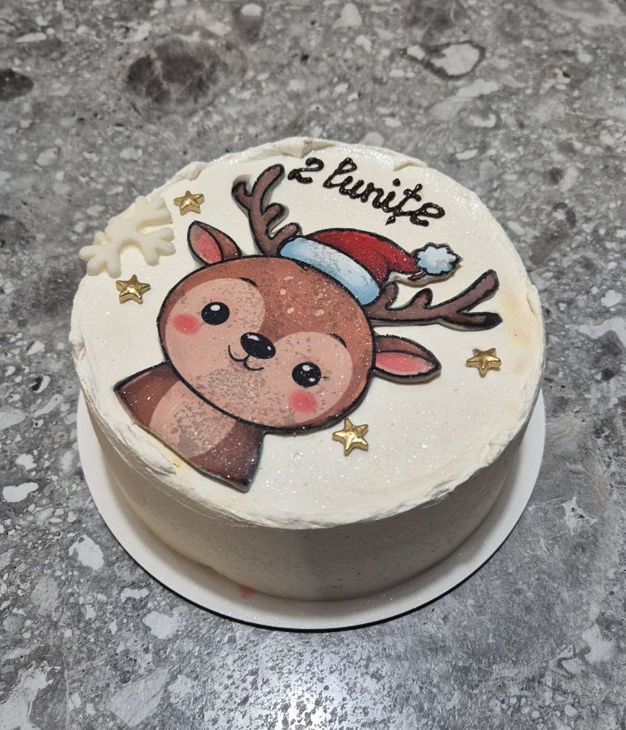 Bento cake alb sidefat cu desen de ren drăguț de Crăciun, stele aurii și fulg de nea, realizat de Emys Cakes.