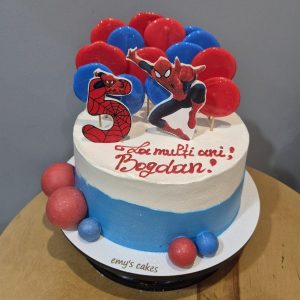 Tort Spider-Man pentru 5 ani „La mulți ani Bogdan!”, acoperit în cremă acadele cu globuri colorate, cifră 5, 2 kg de la Emys Cakes