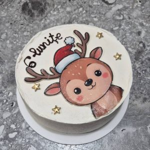 Bento ren cu șapcă roșie Santa „6 luni”, stele aurii pe cremă albă, tematic Crăciun, 660-700g de la Emys Cakes