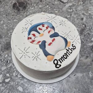 Tort bento cu pinguin drăguț în pălărie roșie cu bastonaș, 8 luni, decorat cu stele albe de la Emys Cakes – perfect pentru aniversări bebeluși