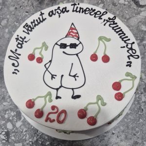 Bento tort alb 20 ani cu personaj haios cu ochelari, cireșe roșii și mesaj „M-ați văzut așa tinerel, frumusel", Emys Cakes