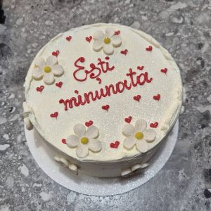 Bento tort alb sidefat „Ești minunată" roșu cu margarete albe și inimioare roșii, Emys Cakes