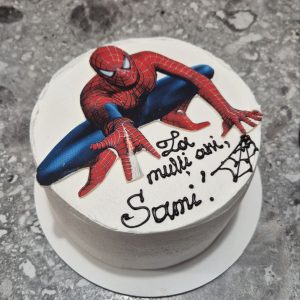 Bento tort alb Spider-Man „La mulți ani, Sami!" cu print Spiderman roșu albastru și pânză de păianjen, Emys Cakes