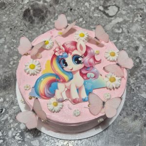 Bento tort roz cu unicorn pastel, fluturi și margarete albe, decorat pentru fetiță, Emys Cakes