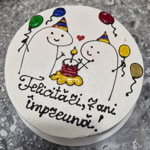 Bento tort alb cu doi dinozauri, baloane colorate și mesaj „Felicitări, zâni împreună!”, Emys Cakes